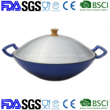 Enamel Cast Iron Wok with Ss Cover Dia 37cm